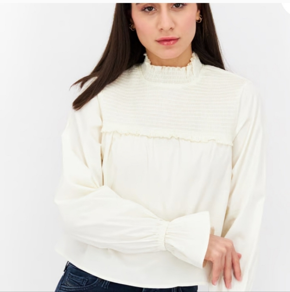 WeWoreWhat NWT smocked‎ neck romantic cream ivory cotton elegant blouse Size XL